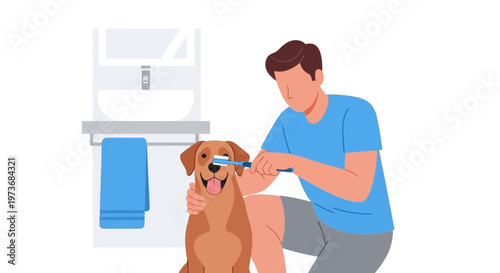 Man brushing dog's teeth in bathroom, pet dental hygiene, happy dog, owner care