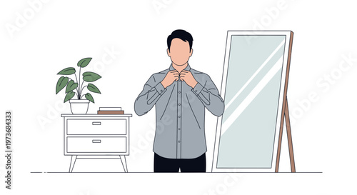 Man Buttoning Shirt in Front of Mirror, Getting Ready for Work