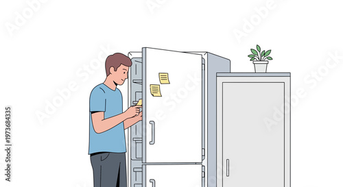Man checking phone by open refrigerator with sticky notes on door