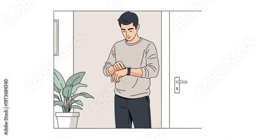 Man checking smartwatch at home entrance, modern lifestyle, technology, waiting