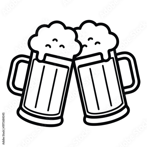Two cheerful beer mugs with foam clinking together in friendship