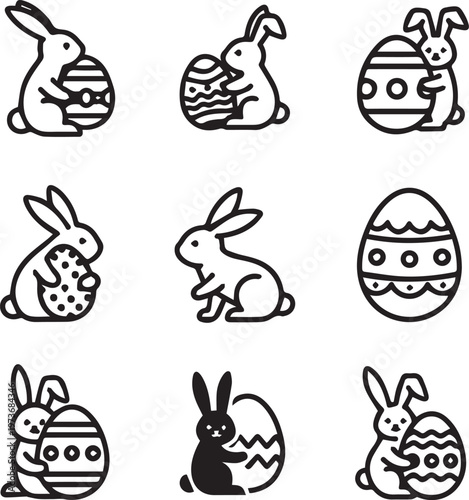Minimalist Easter Bunny and Egg Line Icon Set in Modern Outline Style