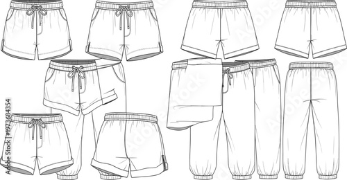 Set of technical fashion sketches featuring casual drawstring shorts and elastic waist sweatpants for apparel design and manufacturing vector.