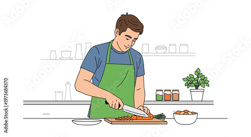Man chopping carrots on a cutting board in a kitchen, preparing food