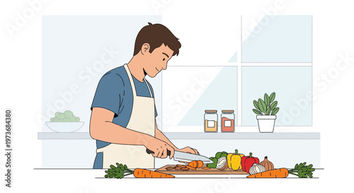Man chopping fresh vegetables for healthy cooking in a bright kitchen