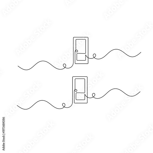 Continuous line drawing of open double doors on a wavy horizon
