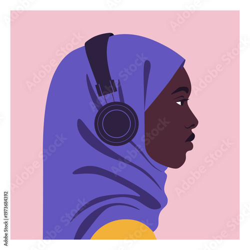 Modern flat vector portrait of a young Black Muslim woman in profile view, wearing a purple hijab and large headphones. Podcasts, music, audiobooks. Diversity, modern Islamic lifestyle, inclusive.