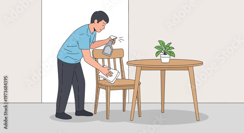 Man cleaning a wooden chair with spray bottle and cloth at home