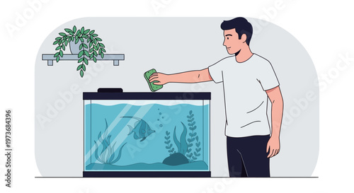 Man cleaning a fish tank with a sponge, aquarium maintenance, home hobby