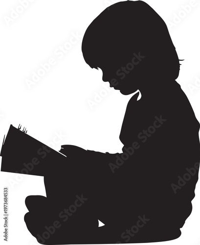 Silhouette of a child sitting and reading a book quietly alone vector illustration