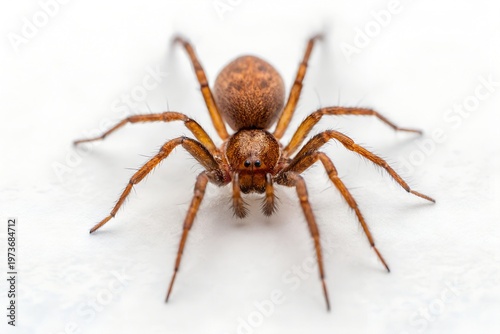 Close-up macro photograph of a small, brown, eight-legged arachnid, a common house spider, exhibiting intricate details of its body and legs on a clean, white background