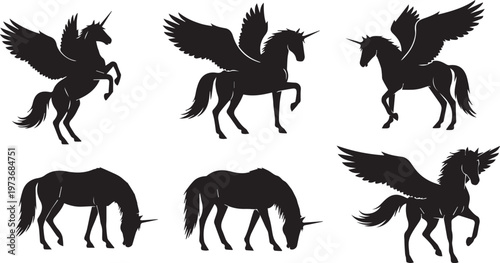 Pegasus and Unicorn Silhouette Collection, Mythical Flying Horse Set