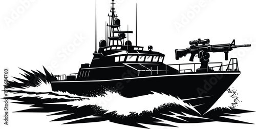 Military Patrol Boat Silhouette with Mounted Gun and High Speed Naval Vessel Cutting Through Waves Tactical Maritime Defense Illustration