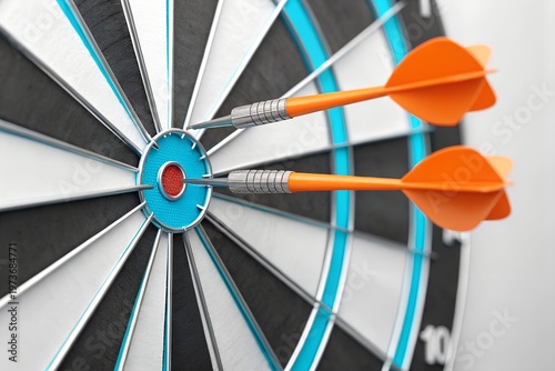 Two bright orange darts perfectly hit the bullseye of a modern dartboard, symbolizing precision, successful aim, and achieving challenging goals with perfect accuracy and focus