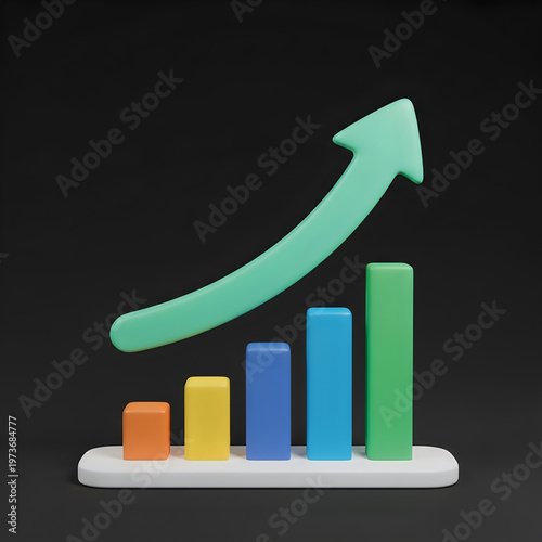 3D colorful bar chart graph with growing trend arrow