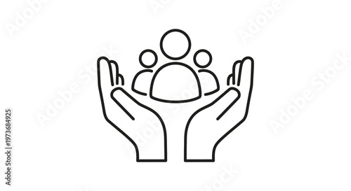 black outline icon of two cupped hands supporting a group of people illustrating community support social responsibility and teamwork concepts.