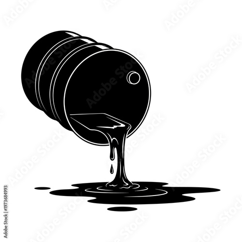 oil barrel spilling black crude oil onto a white surface depicting industrial pollution and the energy resource crisis.