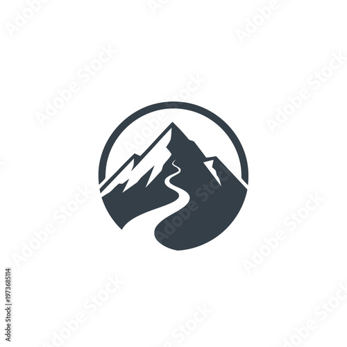 Stylized mountain silhouette icon with a winding path leading to the summit, representing the journey, challenge, and triumph of exploration and personal ascent