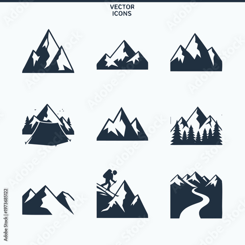 Mountain Range Icons A Collection of Various Mountainous Landscapes and Adventure Themes