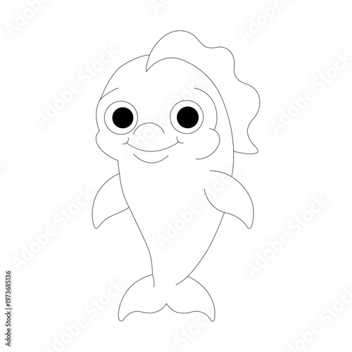 A cute cartoon dolphin coloring page for kids, featuring a simple line art style. This animal illustration features clean lines, making it perfect for children's coloring pages.