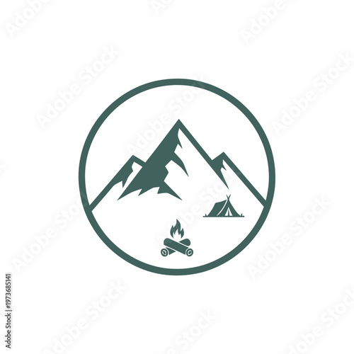 Mountain camping logo with tent and campfire, perfect for outdoor adventures and nature exploration