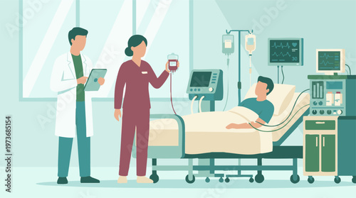 Doctor and nurse providing medical care to a patient in a hospital ward