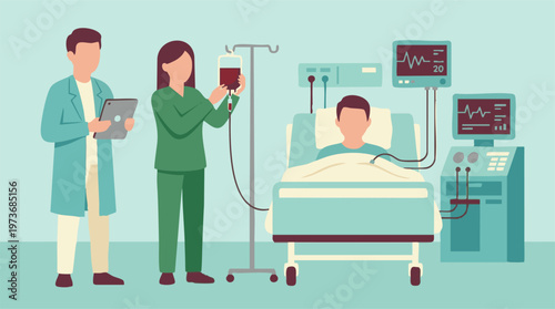 Medical team caring for a patient in a hospital room with equipment