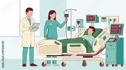 Doctor and nurse tending to a patient in a hospital room with medical equipment