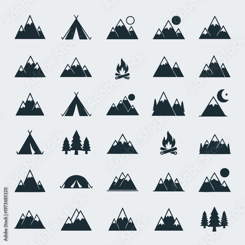 Collection of mountain silhouette icons, representing outdoor activities like hiking, camping, and exploration with various landscape elements