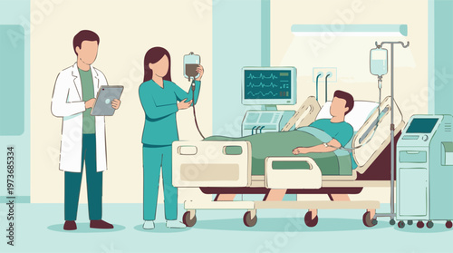 Healthcare professionals providing medical care to a patient in a hospital room