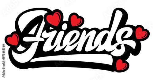 Stylized Friends lettering with red hearts on a white background a vibrant emblem of companionship and connection.