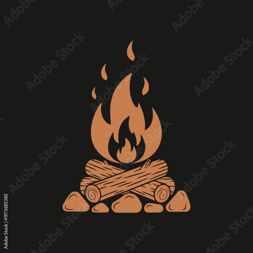 Illustration of a campfire with burning logs and stones against a dark background