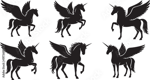 Winged Unicorn Silhouette Set, Pegasus Mythical Horse Vector Icons