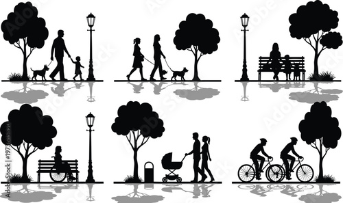 Park Life Silhouette Set with People Walking Sitting Cycling and Family Activities Outdoor Nature Urban Lifestyle Vector Collection