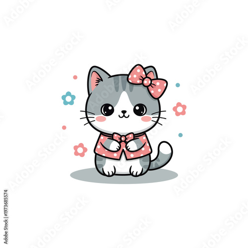 Cute Cartoon Cat Wearing Pink Bow.