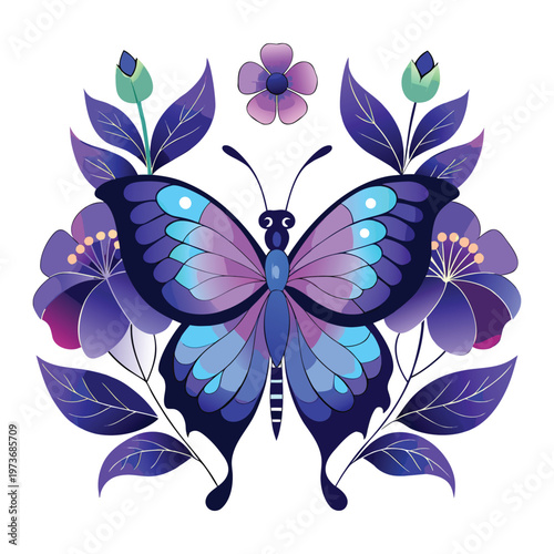 Beautiful purple butterfly with delicate floral elements, elegant and enchanting illustration