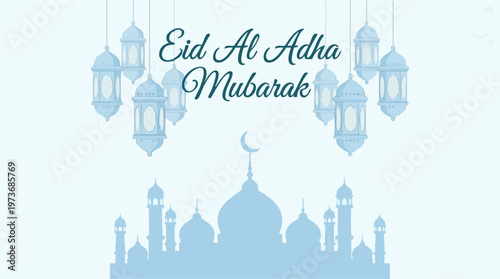 Eid Al Adha Mubarak greeting card with mosque silhouette and lanterns