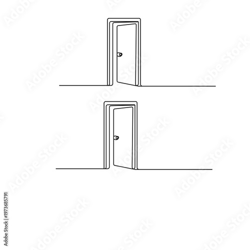 Continuous line drawing of open double doors on a wavy horizon
