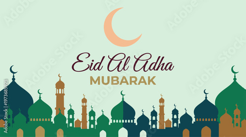 Eid Al Adha Mubarak greeting with mosque silhouettes and crescent moon
