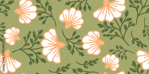 Seamless groovy floral pattern with white daisies on olive green background. Retro style perfect for textile, wallpaper, and packaging.