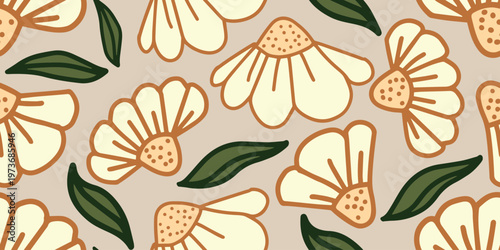 Seamless retro pattern with large daisies on pink background. Bold 70s floral design ideal for textile, wallpaper, packaging, and social media.