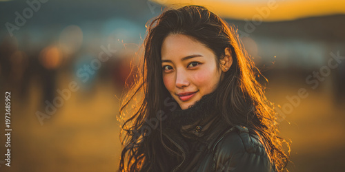 Portrait of a beautiful Korean woman with a confident, alluring gaze and natural smile, captured in soft lighting. The image features a shallow depth of field with a blurred background, emphasizing he