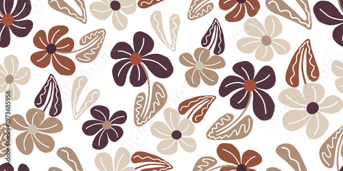 Seamless retro floral pattern with stylized flowers in warm brown and beige tones. Vintage decorative design ideal for textile, wallpaper, and packaging.