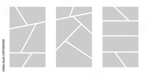 Image collage layout template. Grey mosaic mood board grid collection. Picture frame set. Photo album idea for banner, poster, comic page, flyer, brochure, booklet, memory wall design. Vector pack