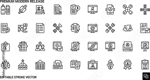 Product release management and software deployment line icon set featuring development workflow launch planning updates monitoring and project tools