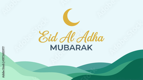 Eid Al Adha Mubarak greeting card with crescent moon and stylized hills