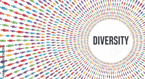 Diverse people illustrations radiate outward in colorful patterns around text its illustration only