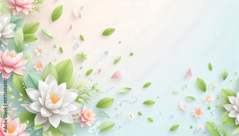 Fototapeta premium Soft pastel Songkran background with floating petals, green leaves, and gentle water droplets, minimal elegant design, light airy atmosphere