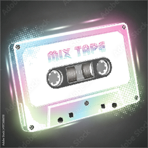 Retro halftone audio cassette tape vector illustration for music sticker design