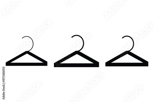 Minimalist black clothes hanger icons set, three garment hangers for fashion retail, simple wardrobe storage vector silhouettes on white background